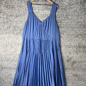 Vince Dress Womens 2X Blue Pleated V-Neck Sleeveless Maxi 11 Honore Plus A-Line